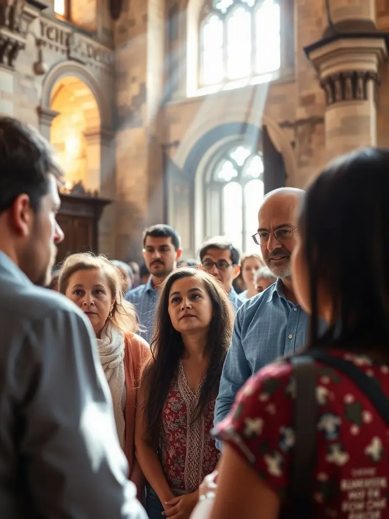 A photograph of community members engaged in a guided tour or workshop at Notre Dame de Lavera, learning about its history and architecture.