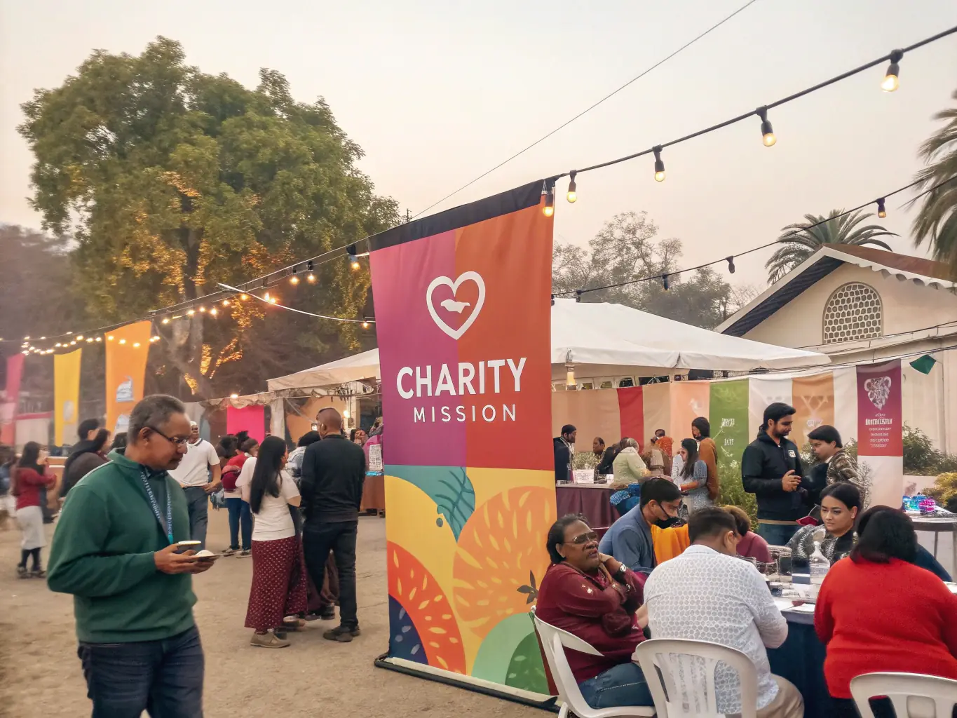 A vibrant image of a fundraising event held at Notre Dame de Lavera, featuring attendees enjoying local music and food, with the historic building in the background.